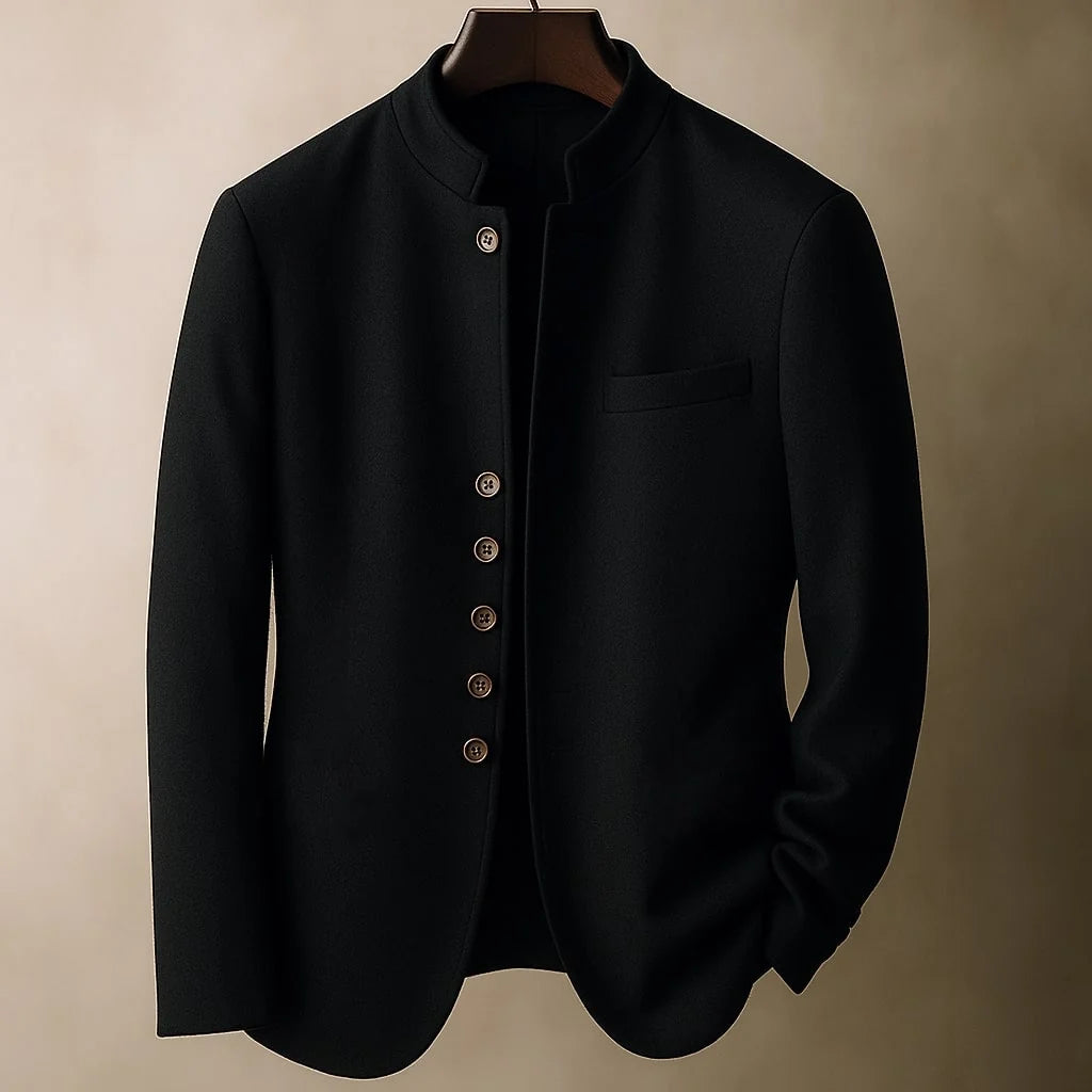 Hunter wool jacket, stand collar detail
