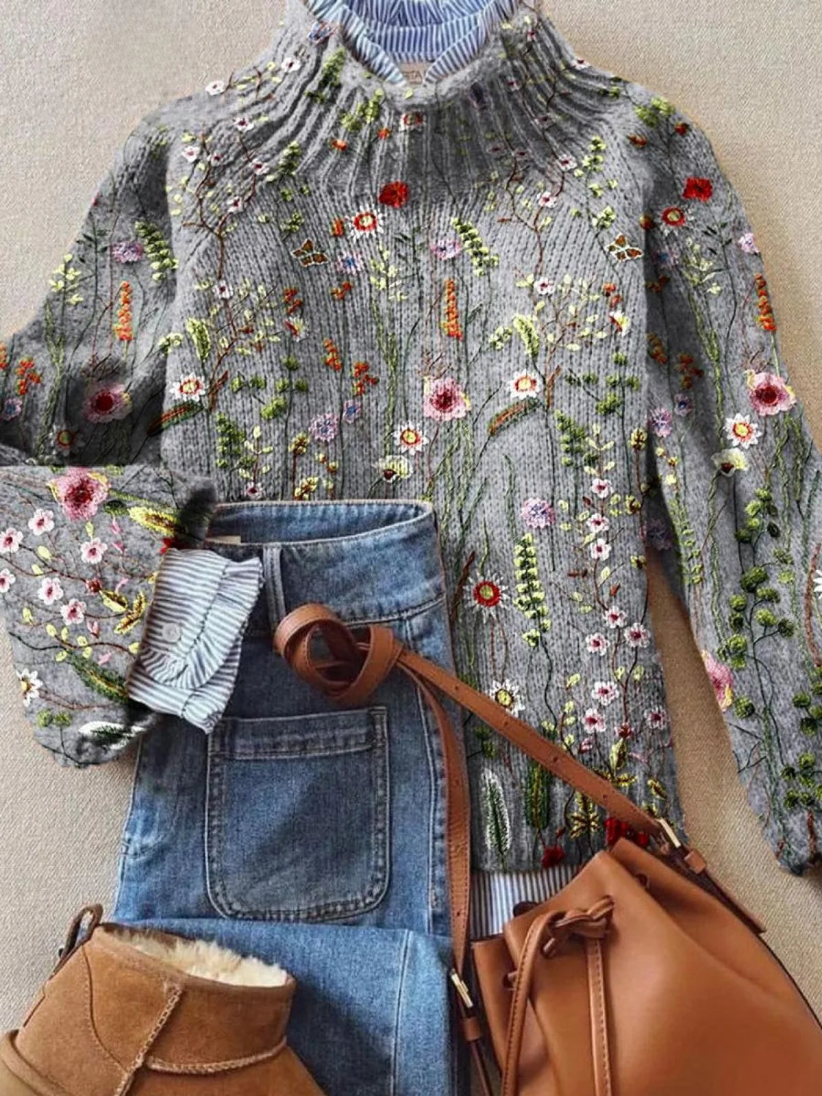 Women's multicolor floral knit sweater with ribbed cuffs