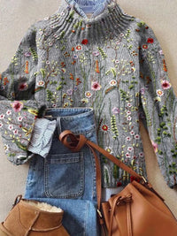 Maya | Women's Floral Knit Sweater with Ribbed Cuffs, Cotton Blend