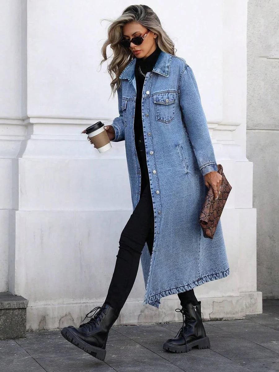Women's blue long denim jacket with button front