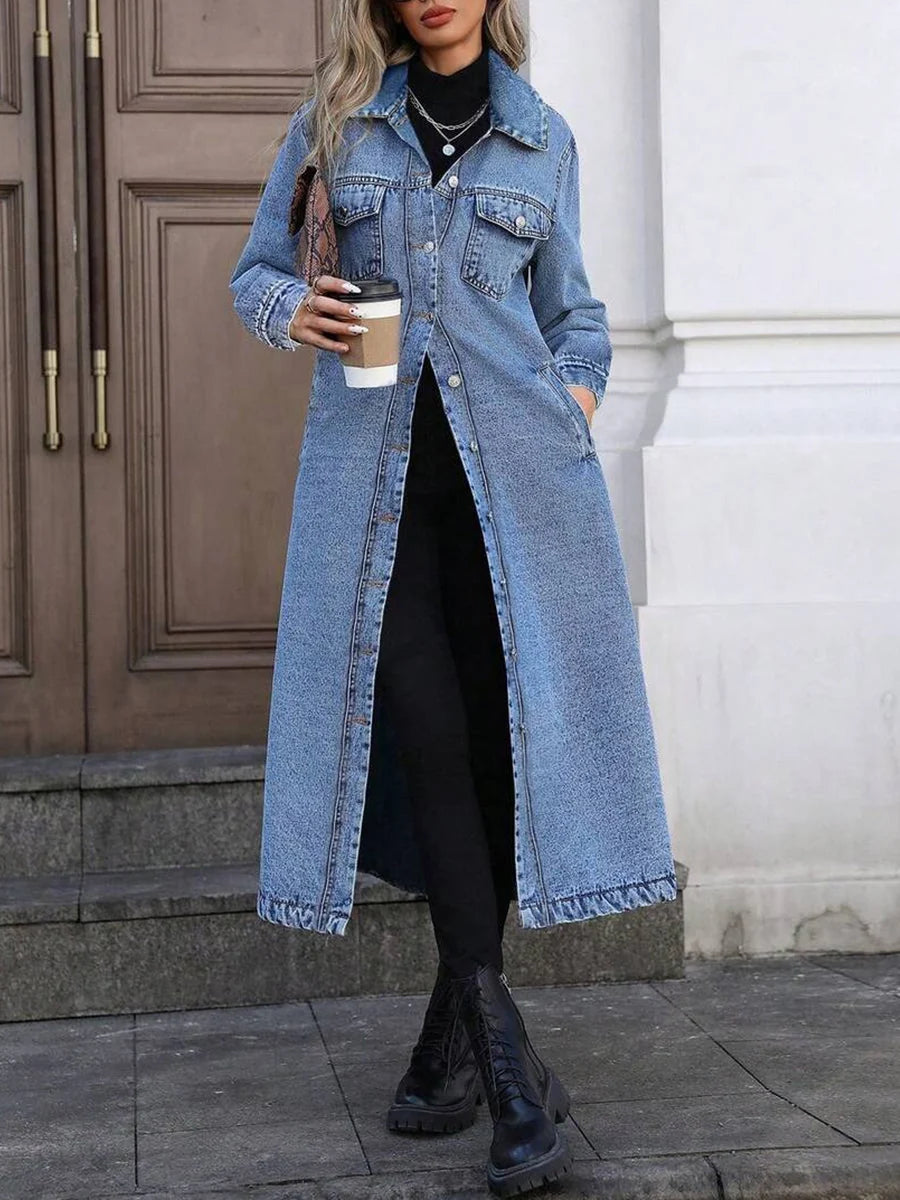 Women's long denim jacket with button front