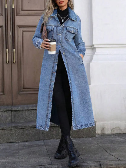 Women's long denim jacket with button front