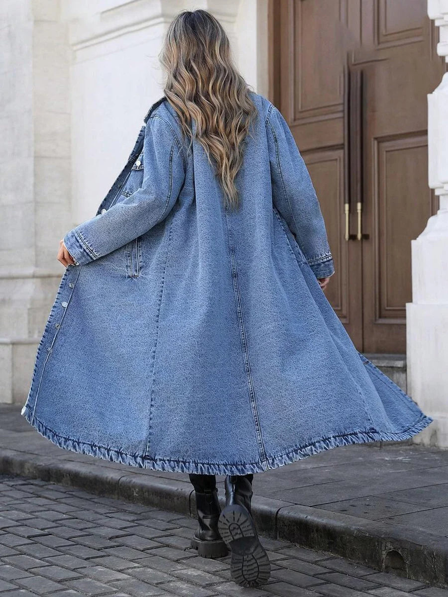 Women's long denim jacket with button front