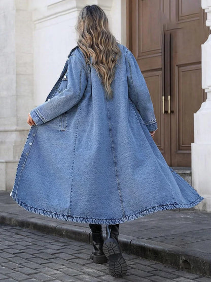 Women's long denim jacket with button front