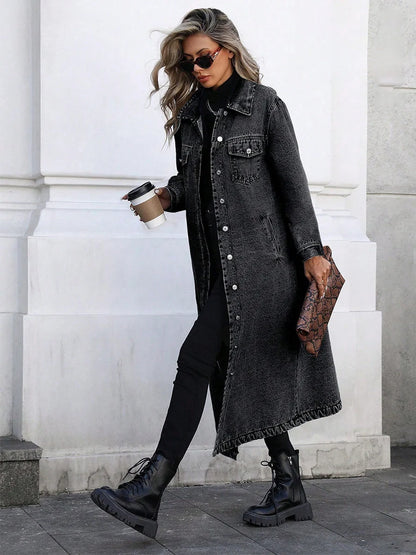 Women's charcoal long denim jacket with button front