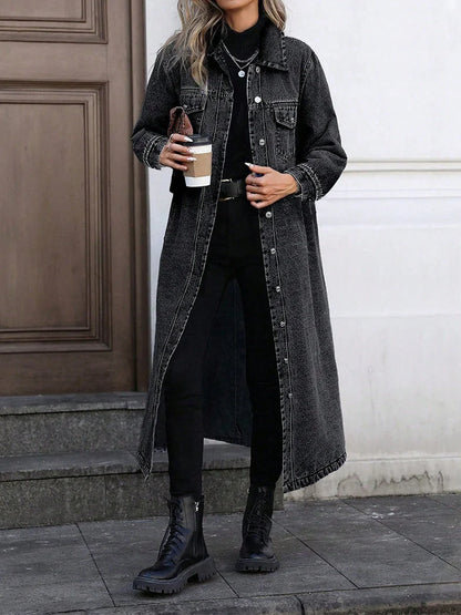 Women's long denim jacket with button front