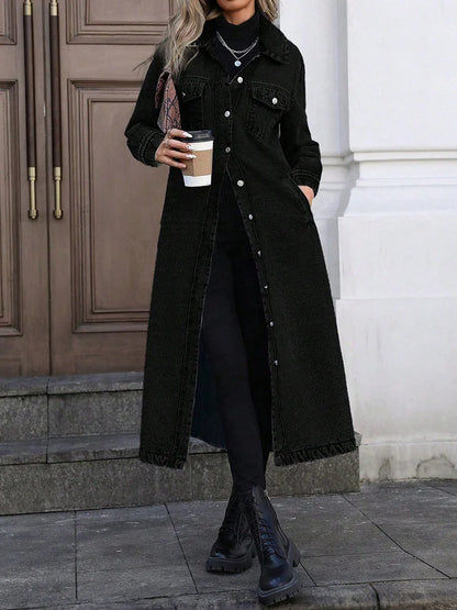 Women's black long denim jacket with button front