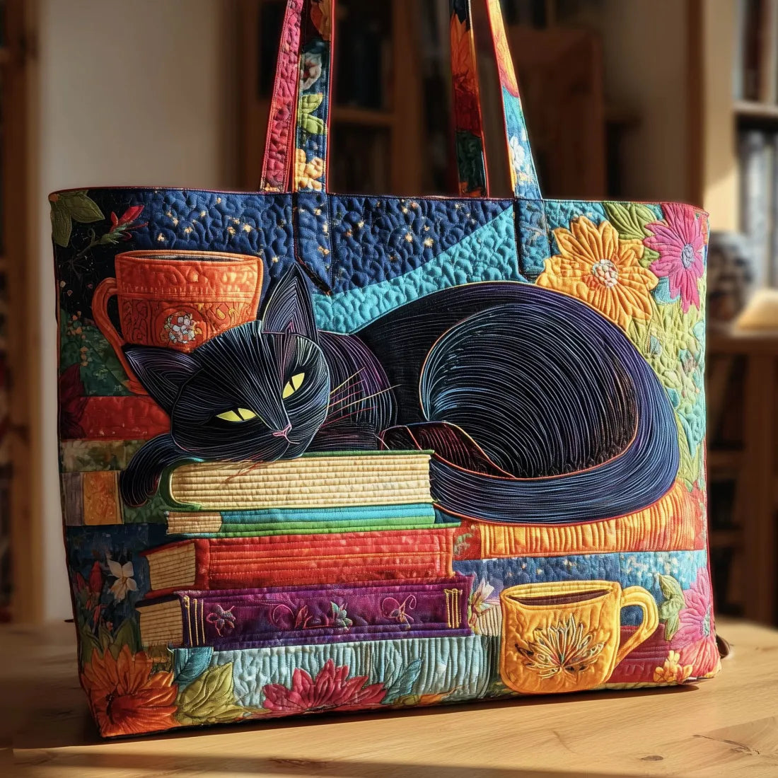 Multicolor Cat Print Canvas Tote Bag
