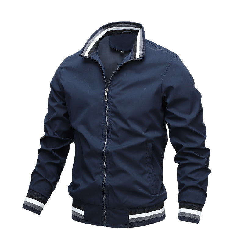 Navy Men's Bomber Jacket with Striped Rib Collar and Cuffs