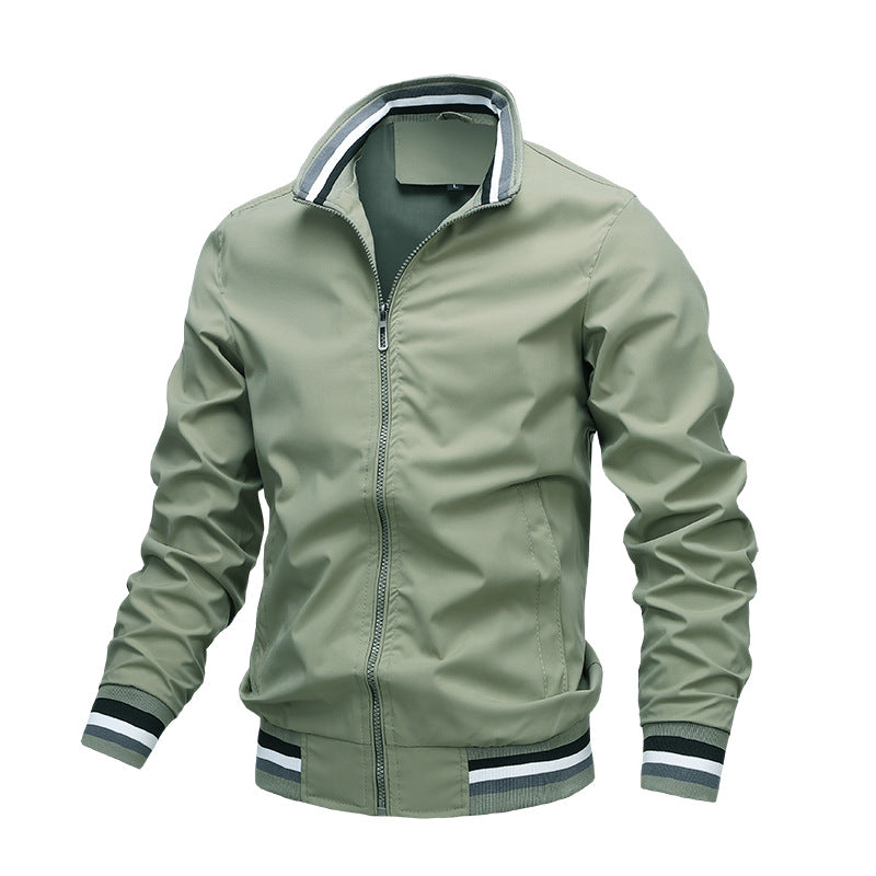 Gray Men's Bomber Jacket with Striped Rib Collar and Cuffs