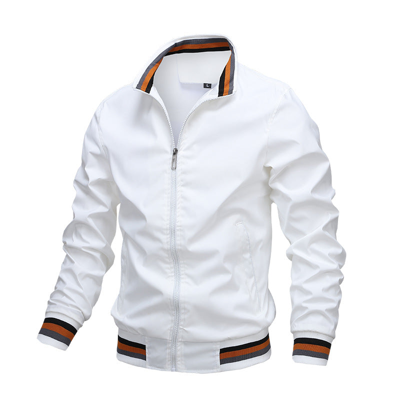 White Men's Bomber Jacket with Striped Rib Collar and Cuffs