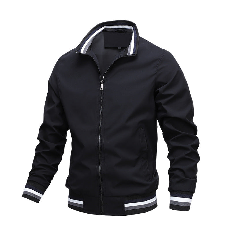 Black Men's Bomber Jacket with Striped Rib Collar and Cuffs