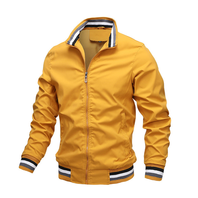 Yellow Men's Bomber Jacket with Striped Rib Collar and Cuffs
