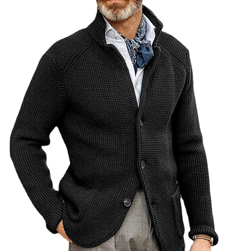 Men's black button-up cardigan with stand collar