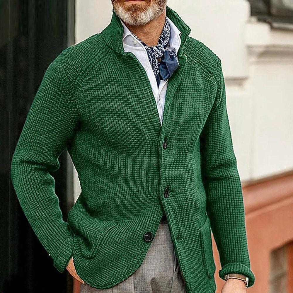 Men's black button-up cardigan with stand collar