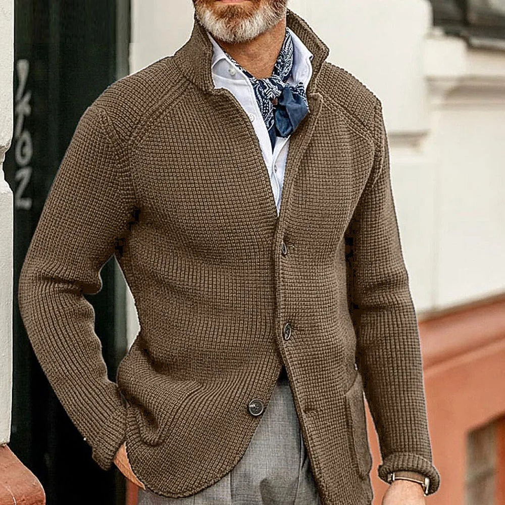 Men's black button-up cardigan with stand collar