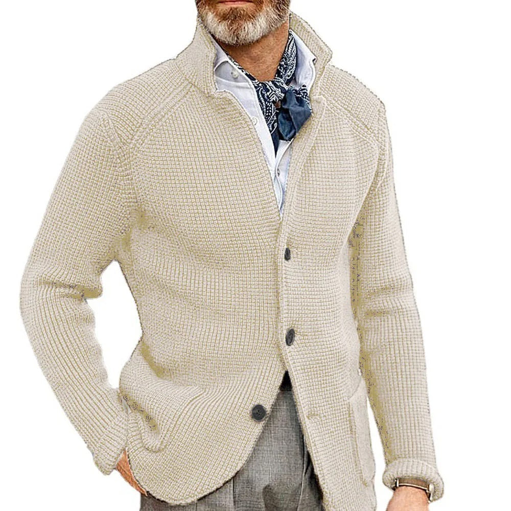 Men's black button-up cardigan with stand collar
