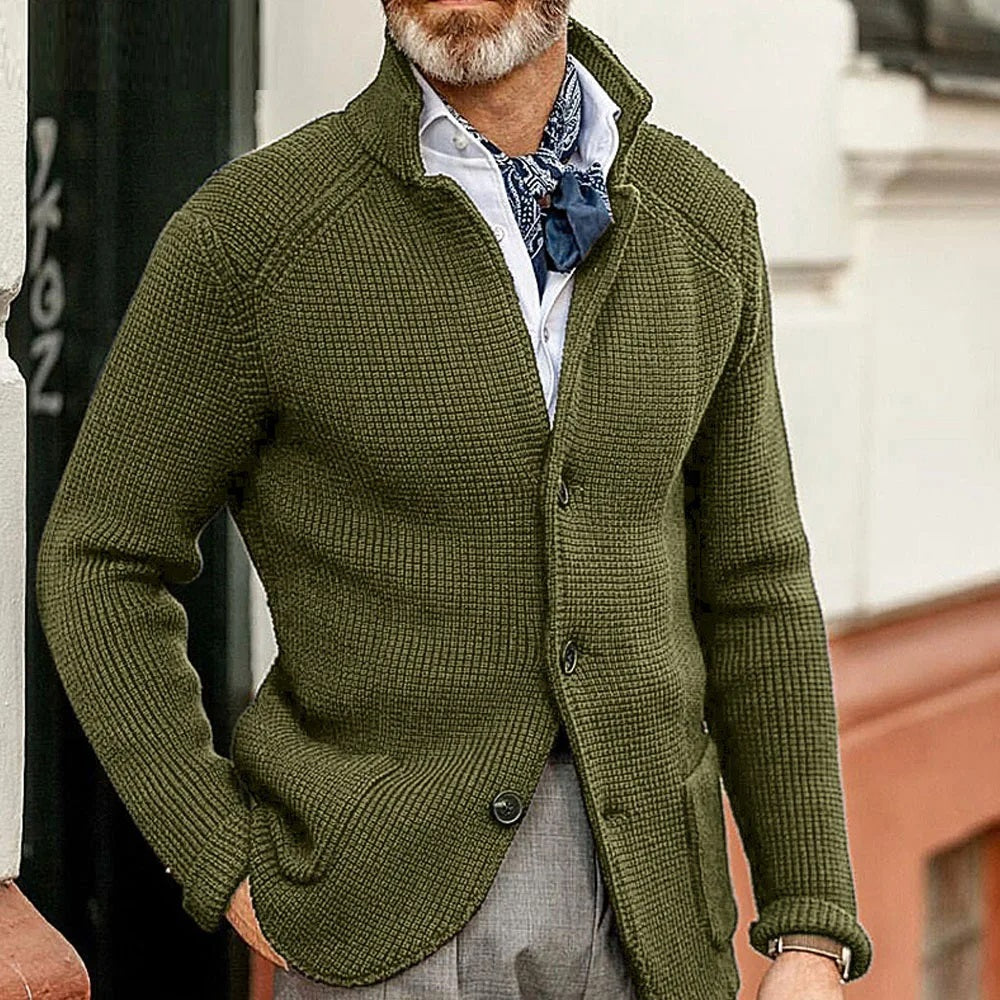 Men's black button-up cardigan with stand collar