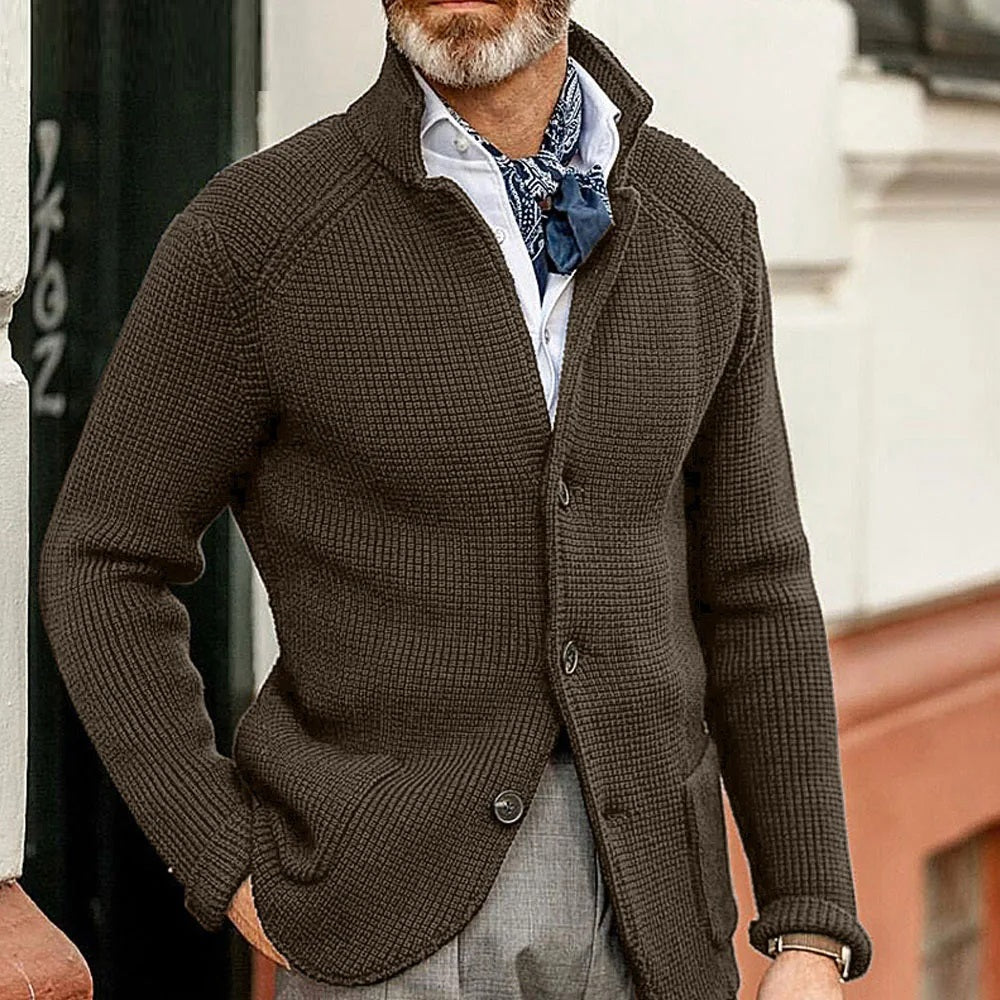 Men's black button-up cardigan with stand collar