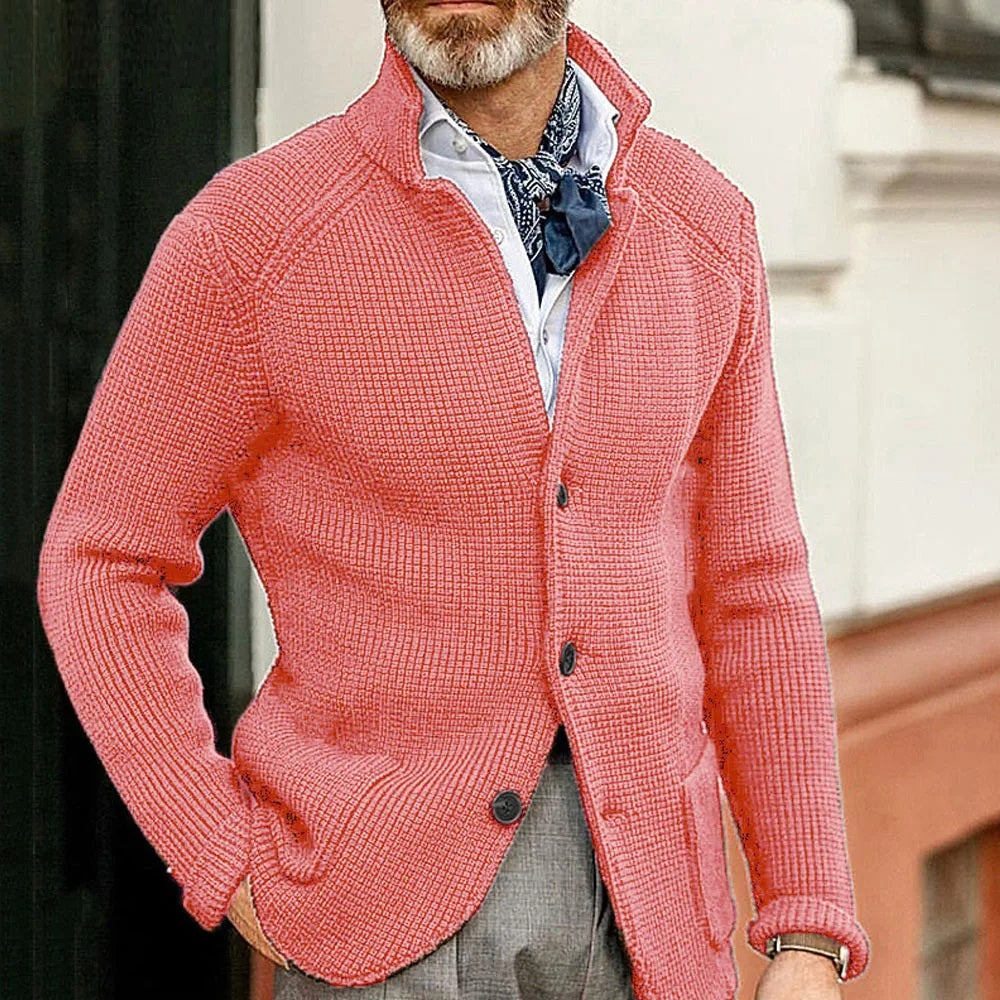 Men's black button-up cardigan with stand collar