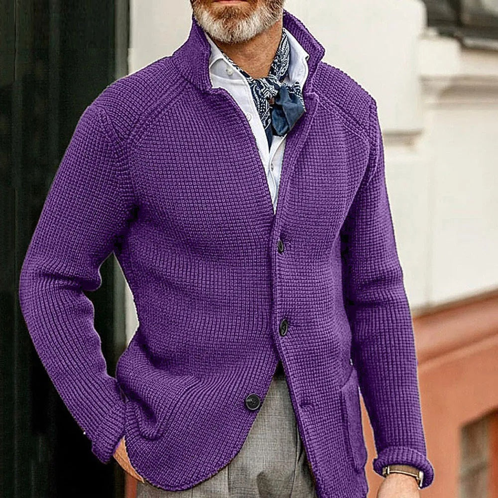 Men's green button-up cardigan with stand collar