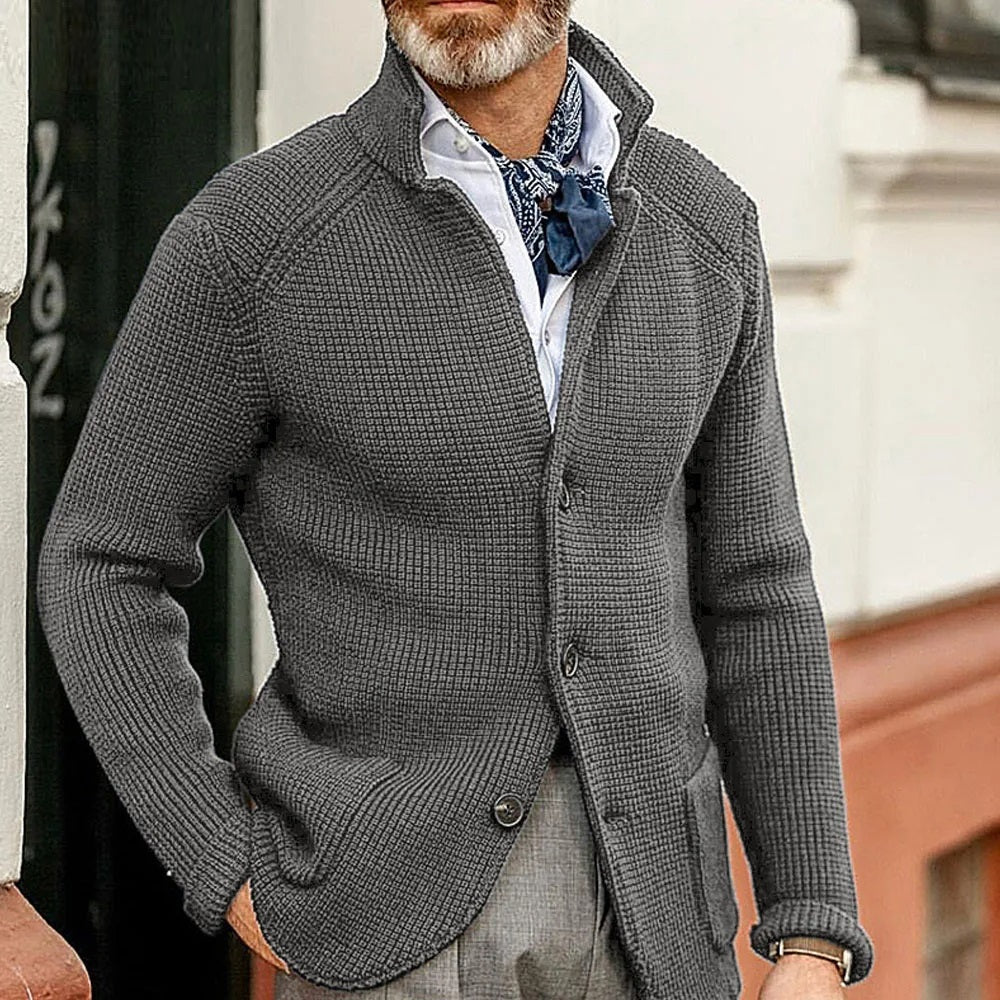 Men's green button-up cardigan with stand collar