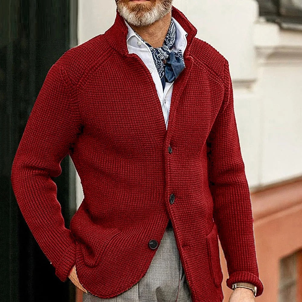 Men's green button-up cardigan with stand collar