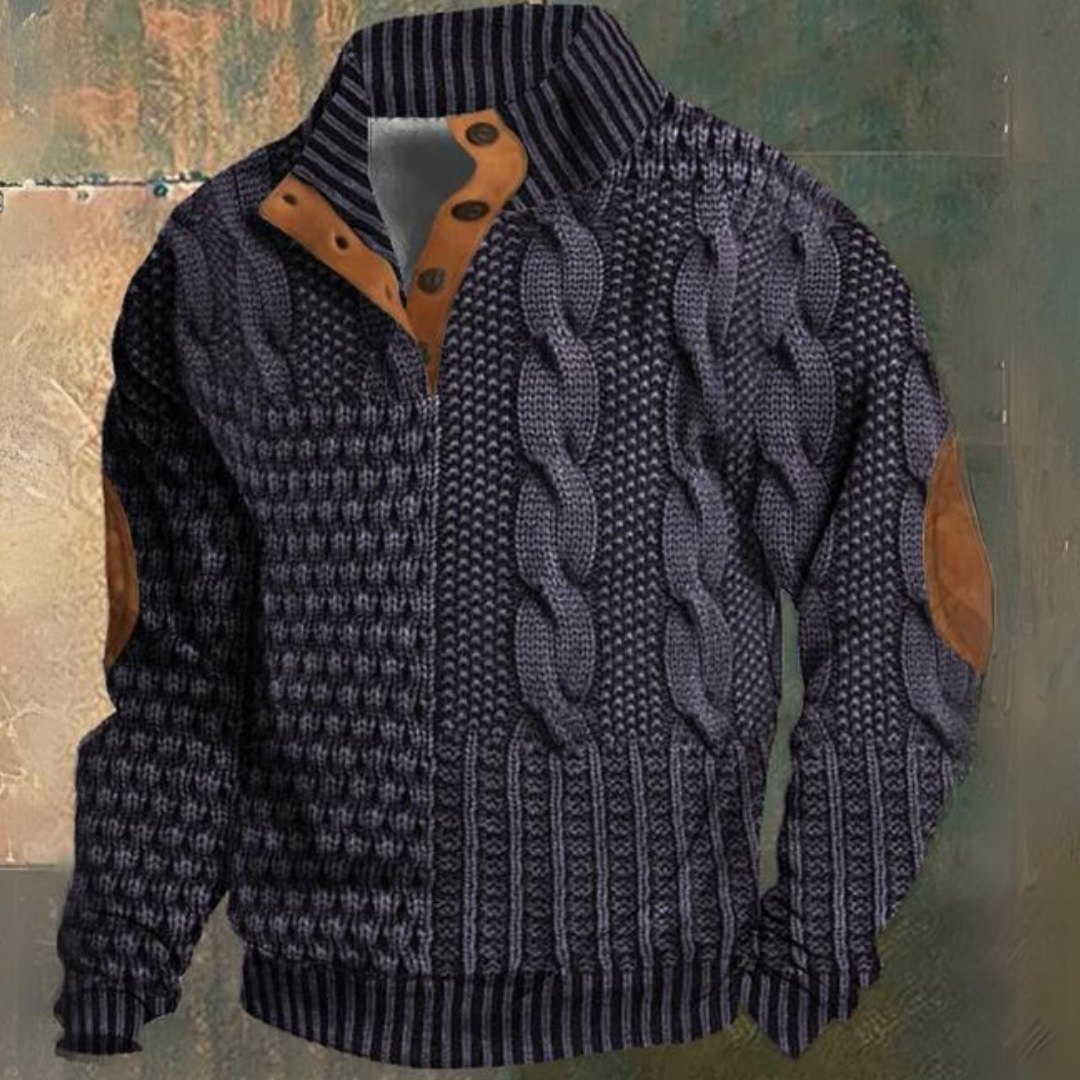 Men's cable knit quarter-zip sweater in navy blue