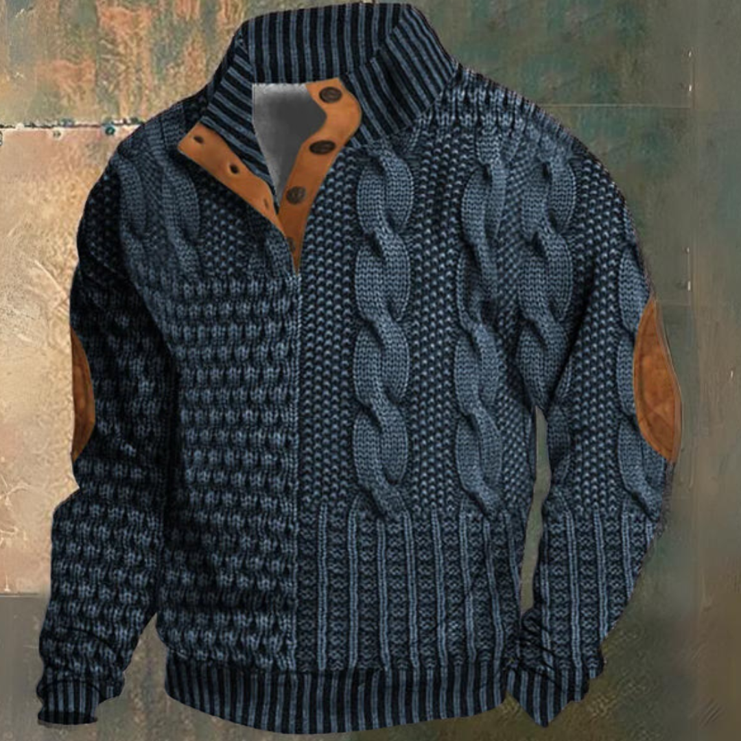 Men's cable knit quarter-zip sweater in blue