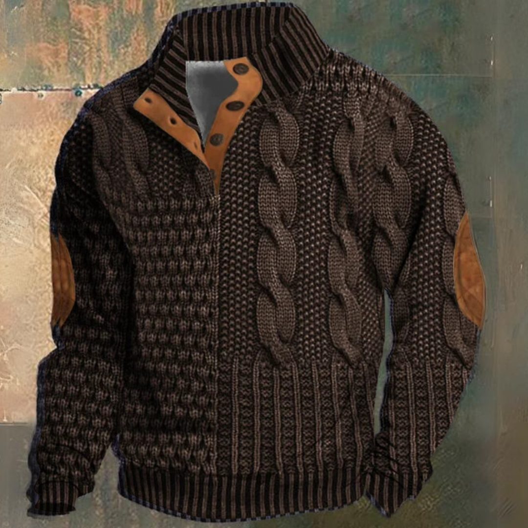Men's cable knit quarter-zip sweater in chocolate brown