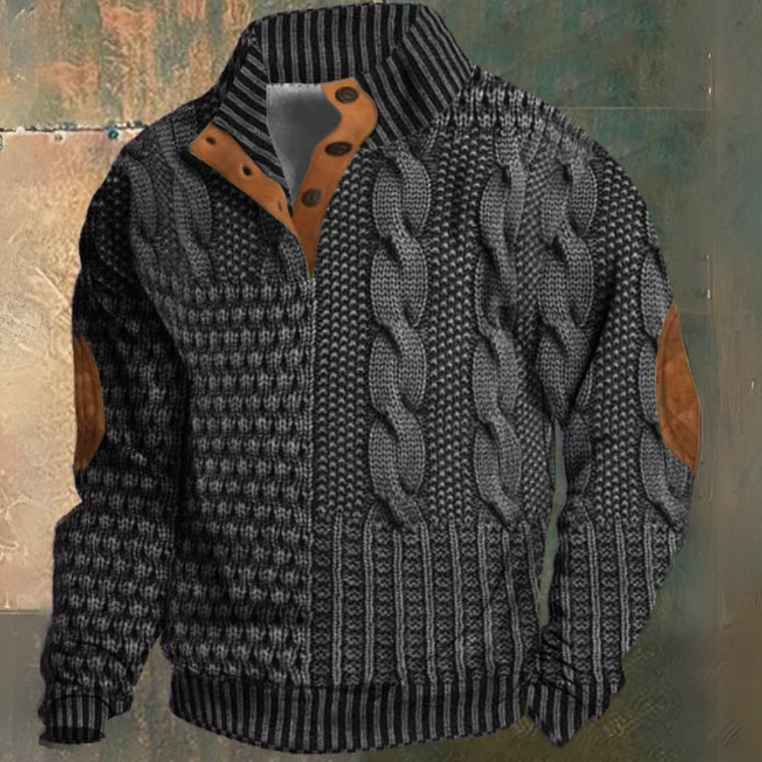 Men's cable knit quarter-zip sweater in dark gray