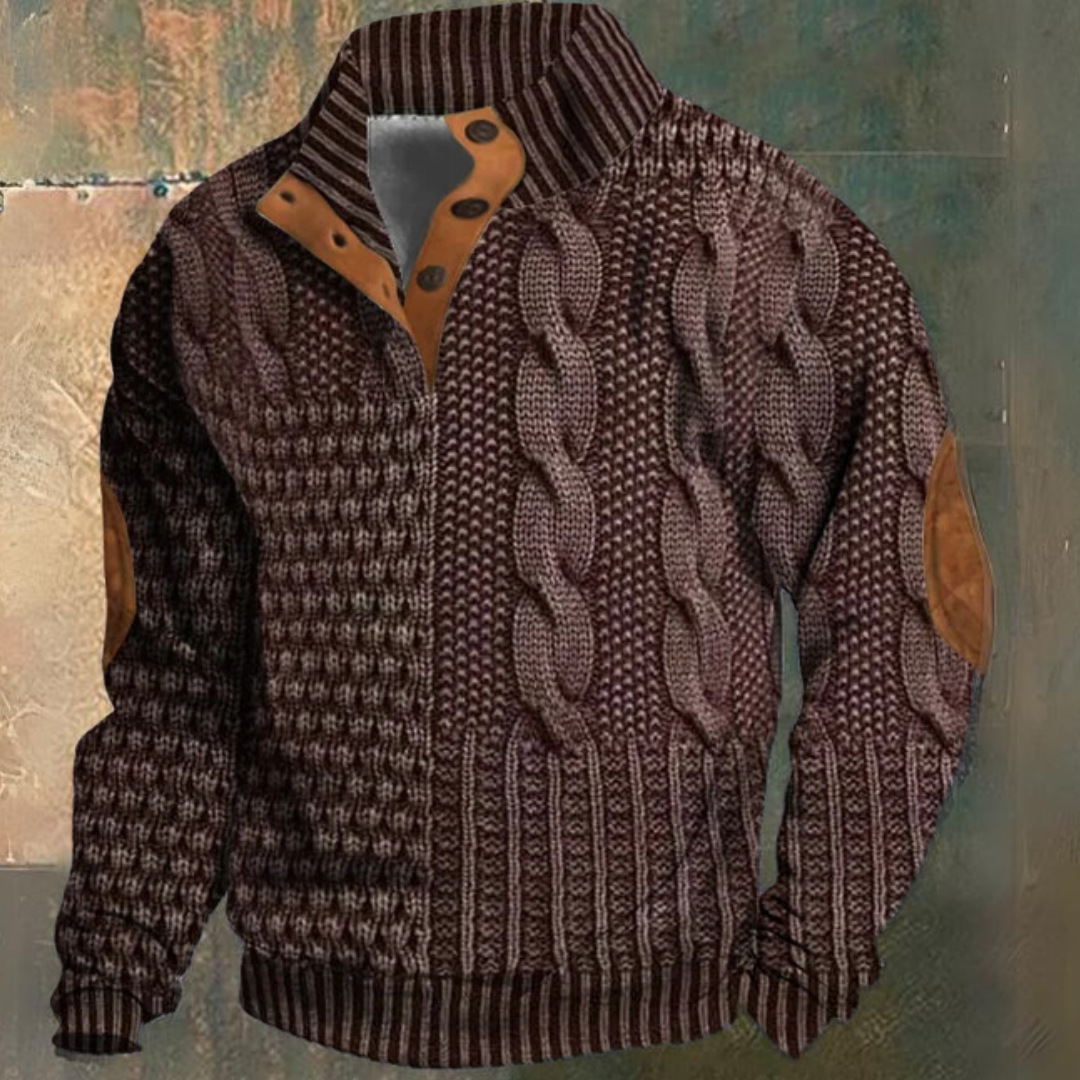 Men's cable knit quarter-zip sweater in dark brown