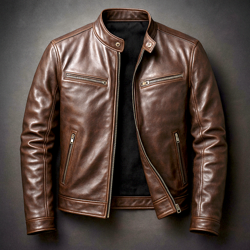 Men's faux leather zip-up jacket in brown