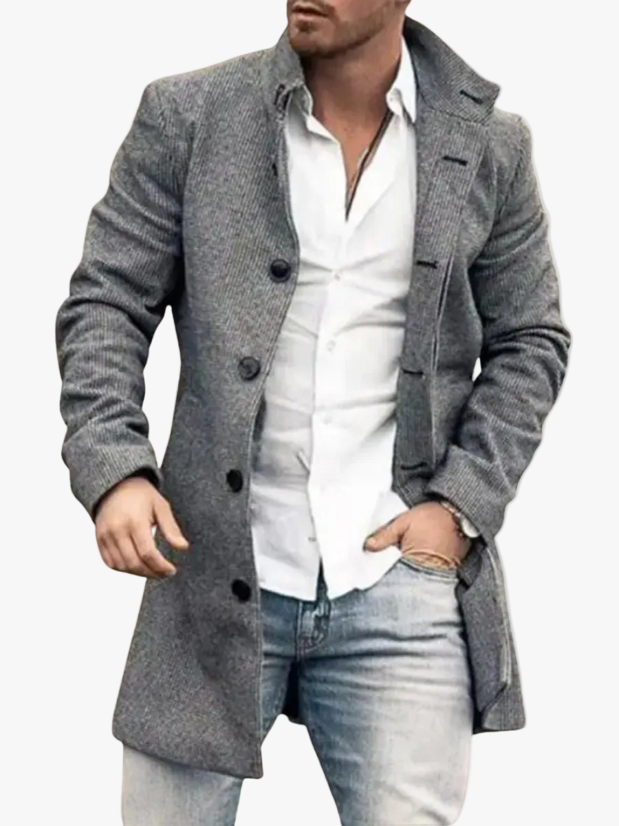Men's Knee-Length Notch-Lapel Twill Overcoat