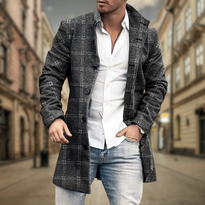 Dark Gray with Plaid Men's Knee-Length Notch-Lapel Twill Overcoat
