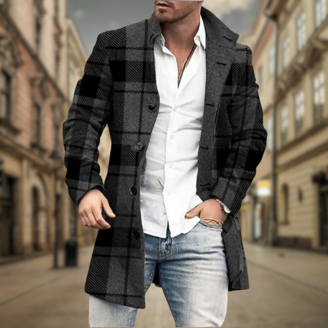 Black with Plaid Men's Knee-Length Notch-Lapel Twill Overcoat