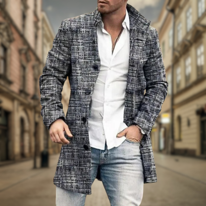 Light Gray with Plaid Men's Knee-Length Notch-Lapel Twill Overcoat