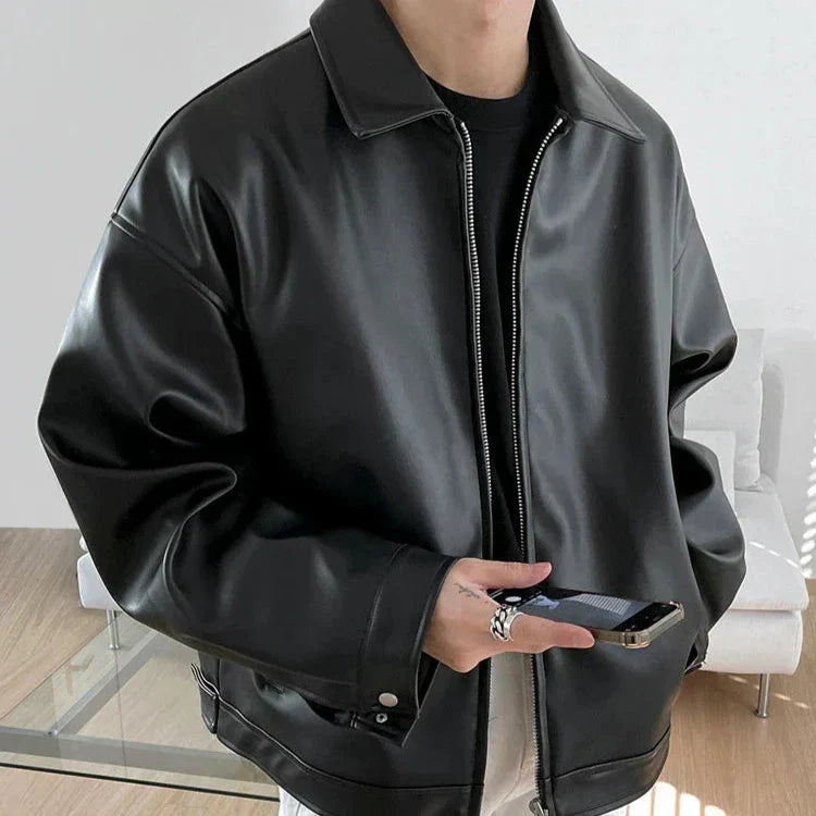 Black Men's Bomber Jacket with Spread Collar and Snap Cuffs