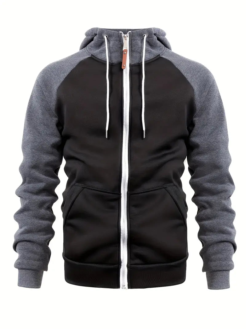 Men's full-zip hooded sweatshirt in black with gray sleeves