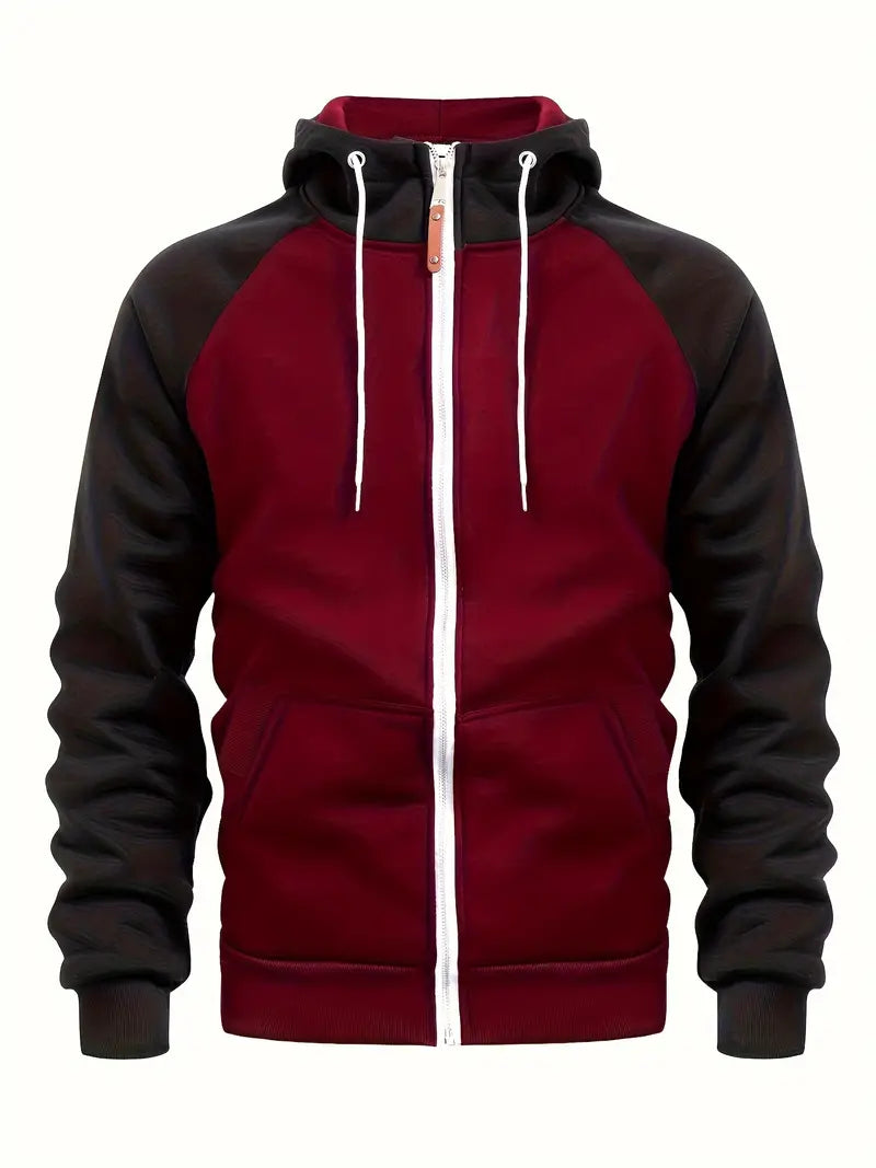 Men's full-zip hooded sweatshirt in burgundy with black sleeves