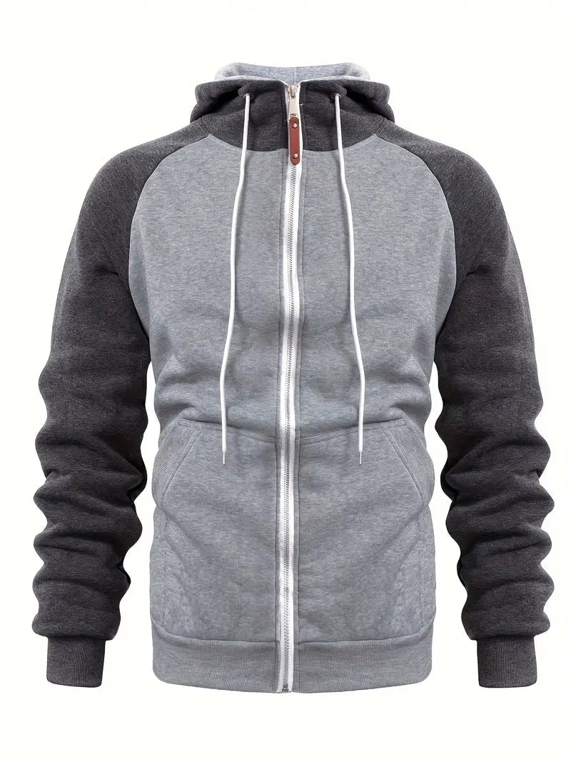Men's full-zip hooded sweatshirt in light gray with dark gray sleeves