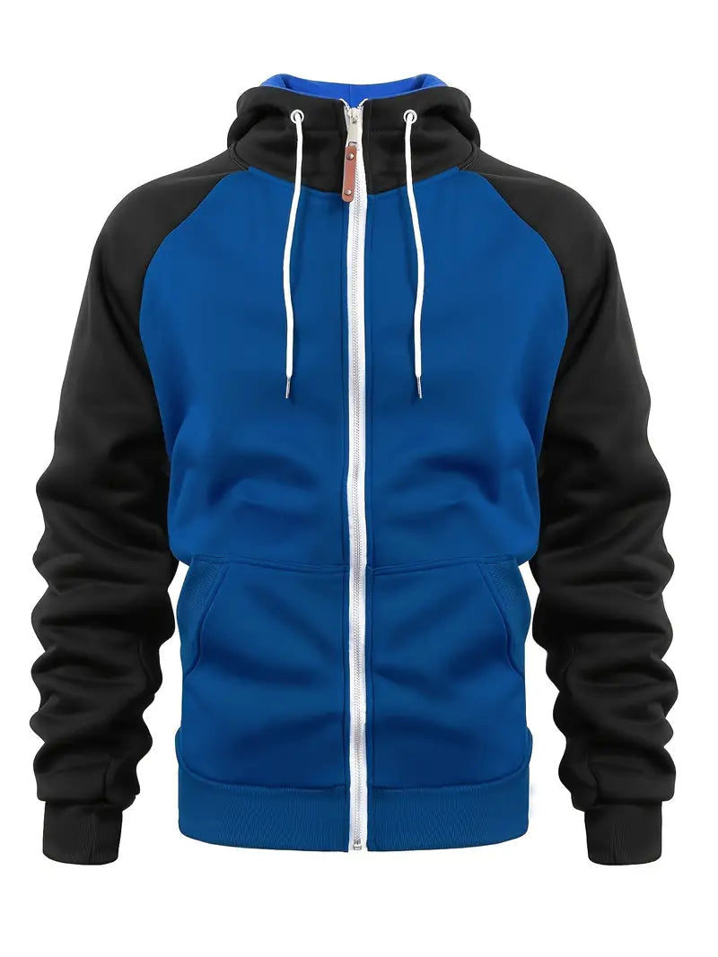 Men's full-zip hooded sweatshirt in royal blue with black sleeves