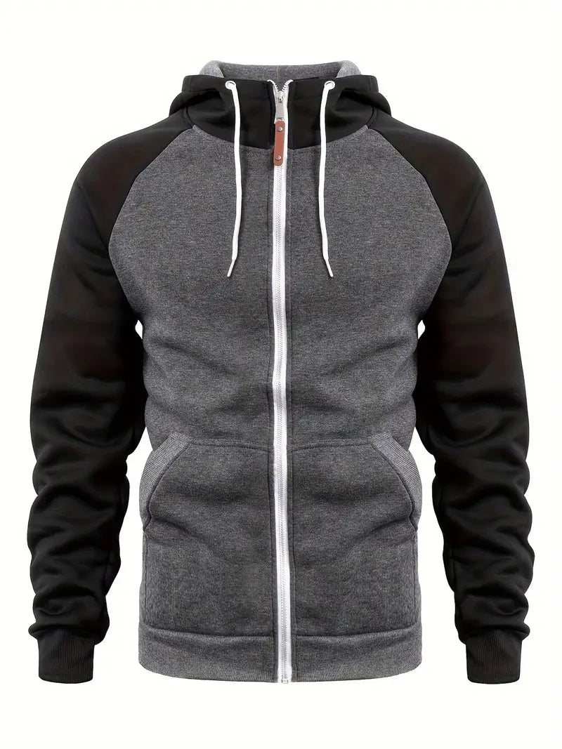 Men's full-zip hooded sweatshirt in dark gray with black sleeves