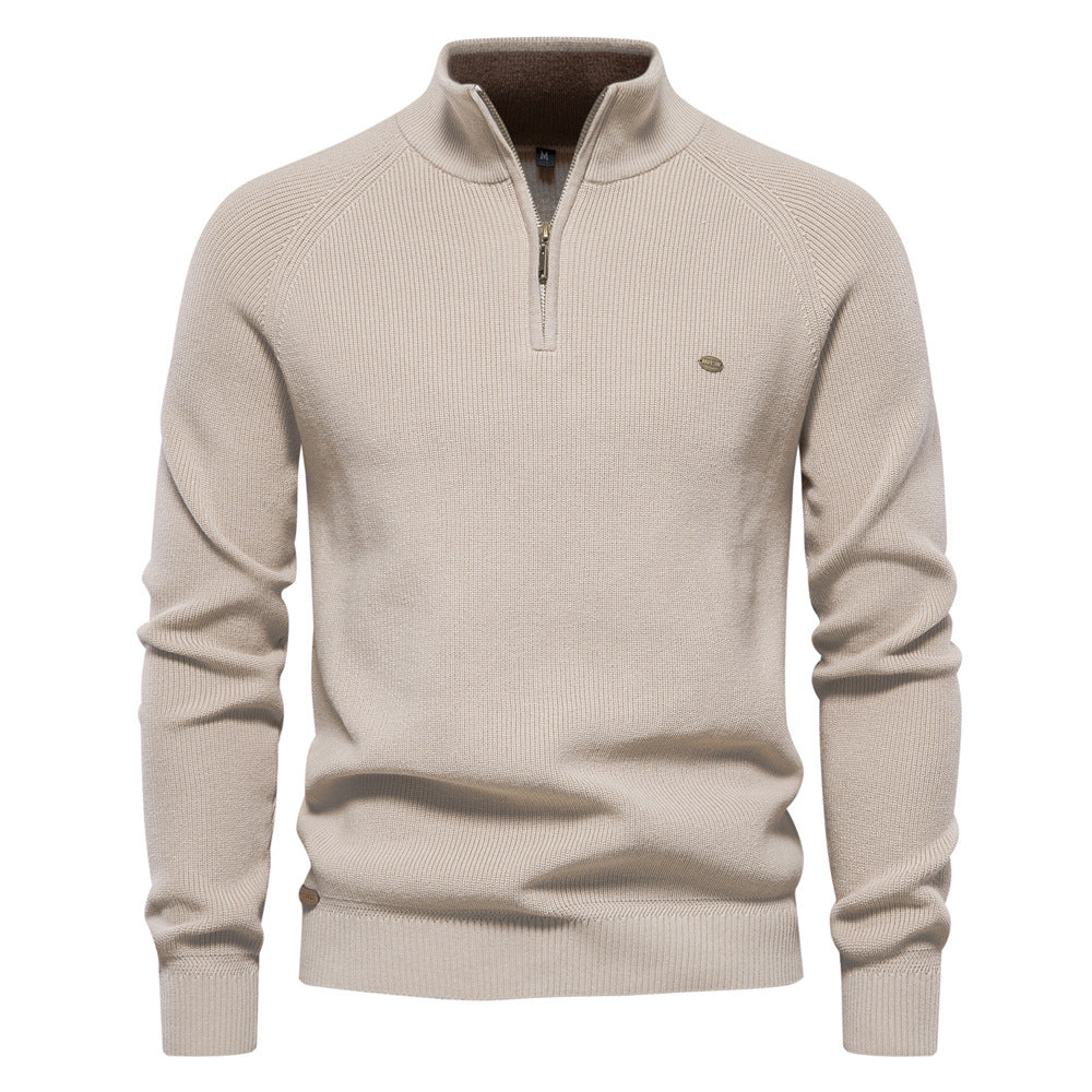 Men's beige half-zip pullover sweater