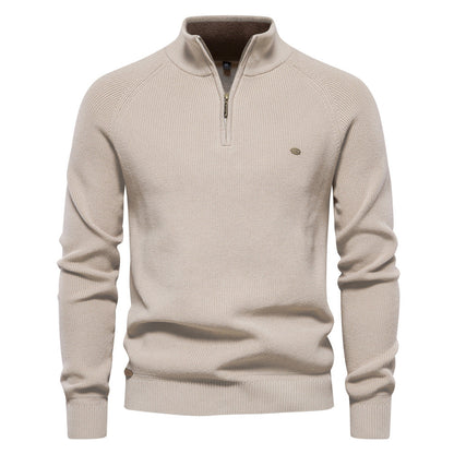 Men's beige half-zip pullover sweater