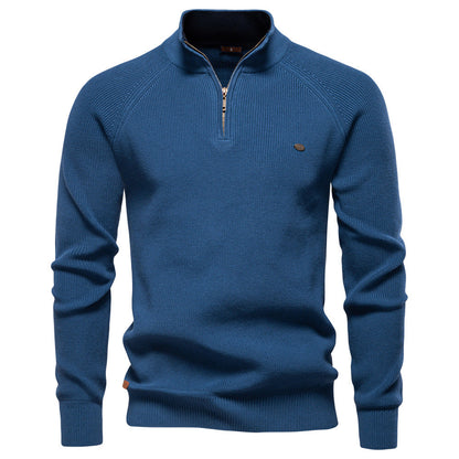 Men's beige half-zip pullover sweater