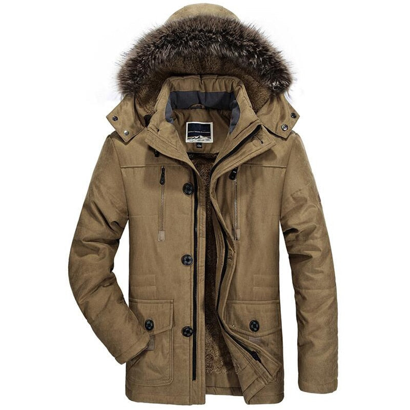 Men's fleece-lined hooded parka jacket in khaki