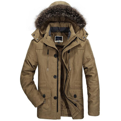 Men's fleece-lined hooded parka jacket in khaki