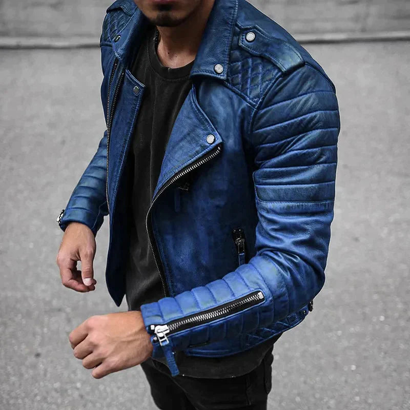 Men's black slim-fit leather biker jacket