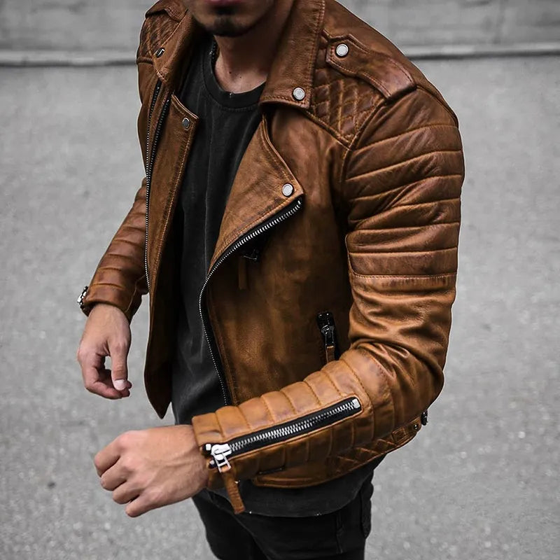 Men's black slim-fit leather biker jacket